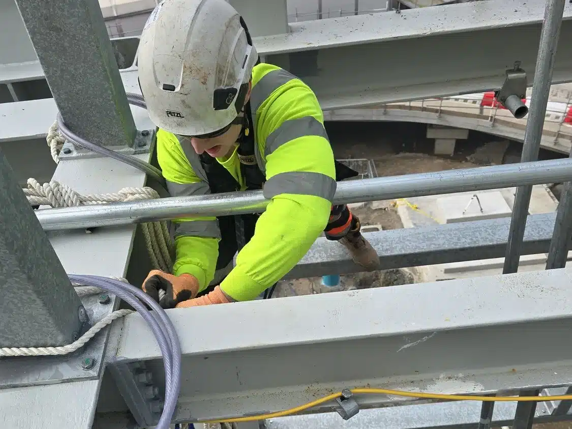 Rope access technician working on steelwork at Oldhall Energy Recovery Facility
