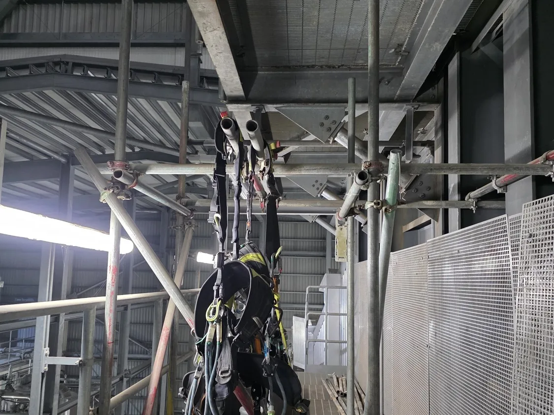 Rescue equipment and harnesses staged on scaffold at the energy from waste facility