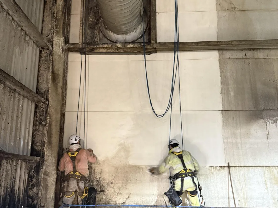 Technicians suspended on ropes cleaning wall panels in the processing hall
