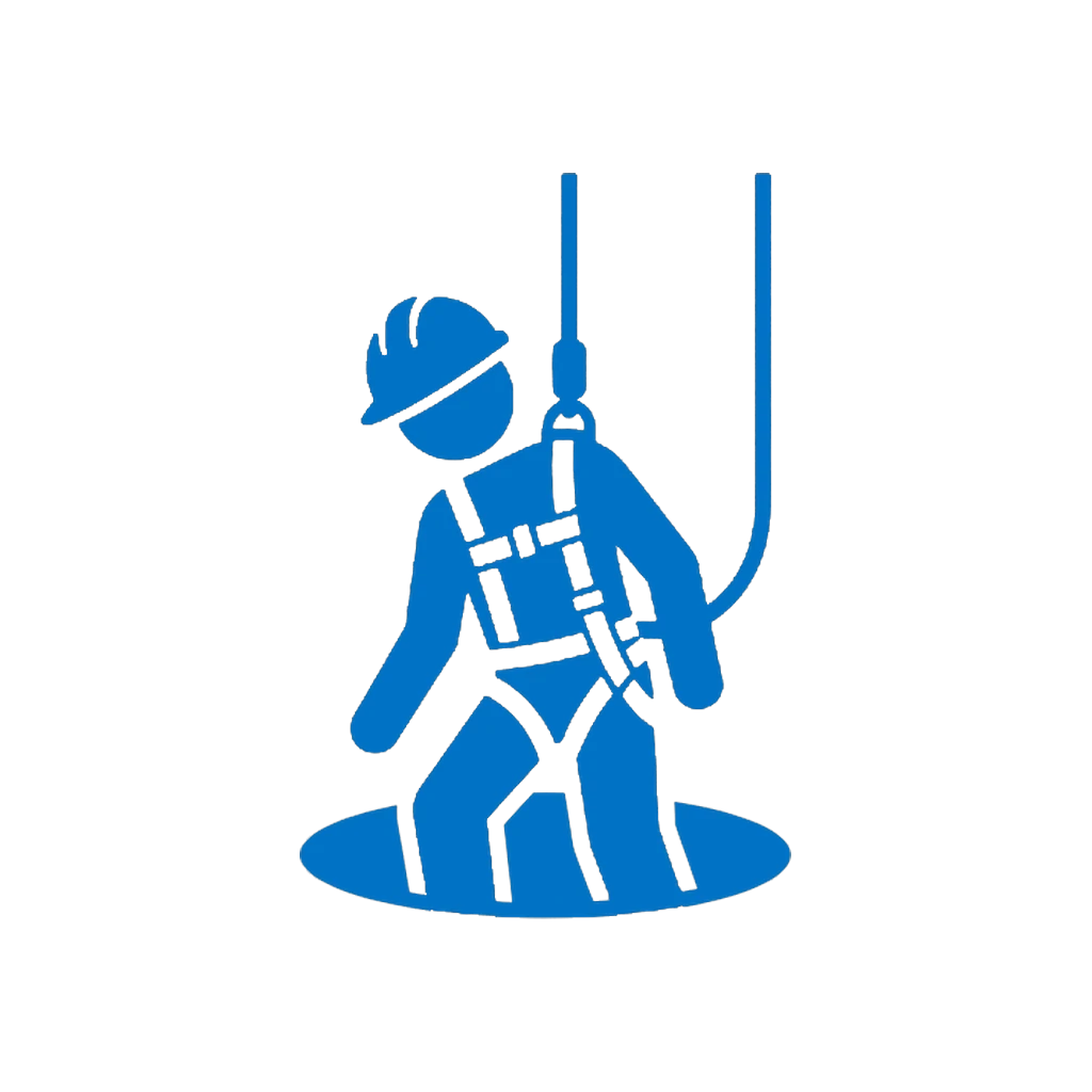 Rope access technician descending into a confined space on harness and lifeline