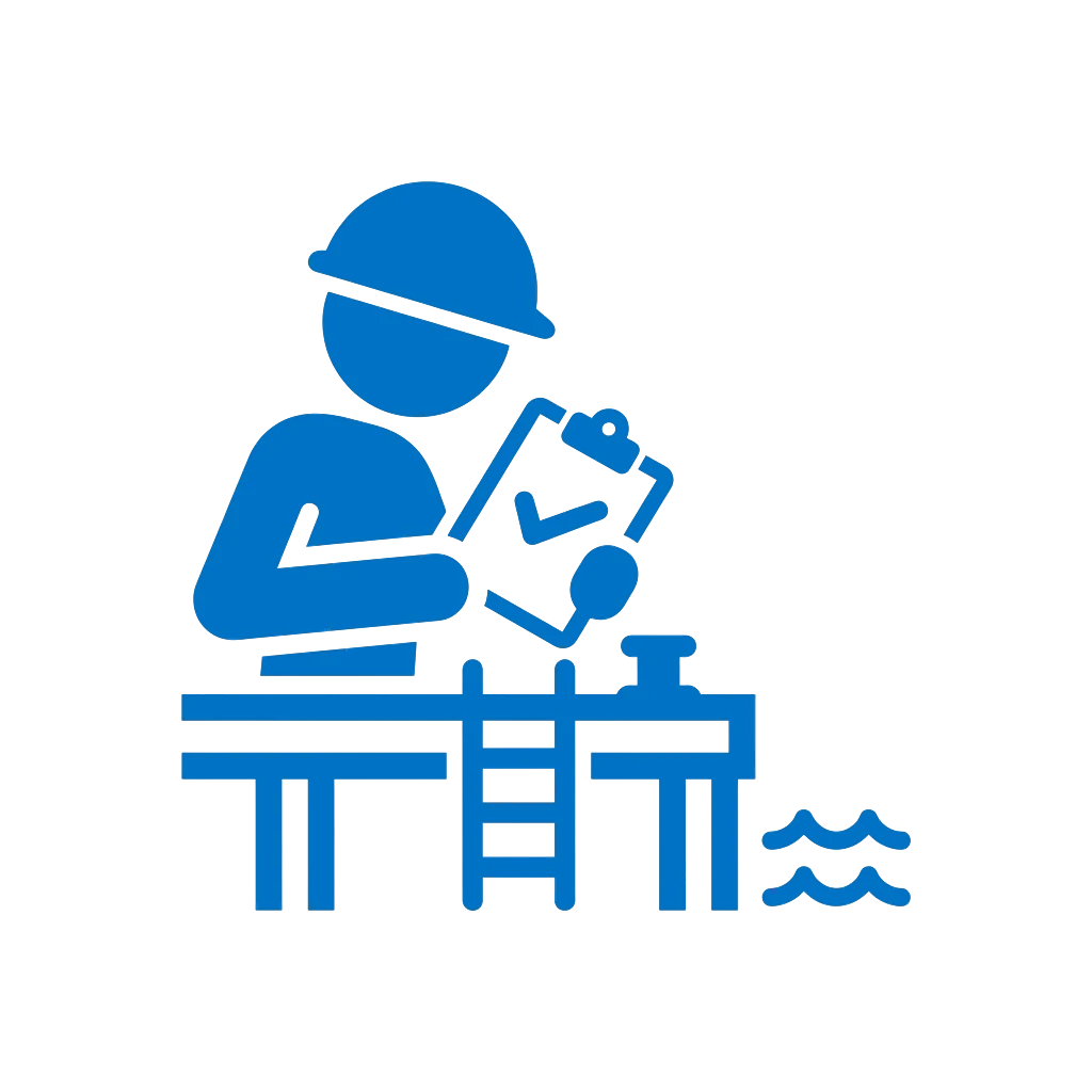 Rope access technician inspecting a jetty and berthing structure over water