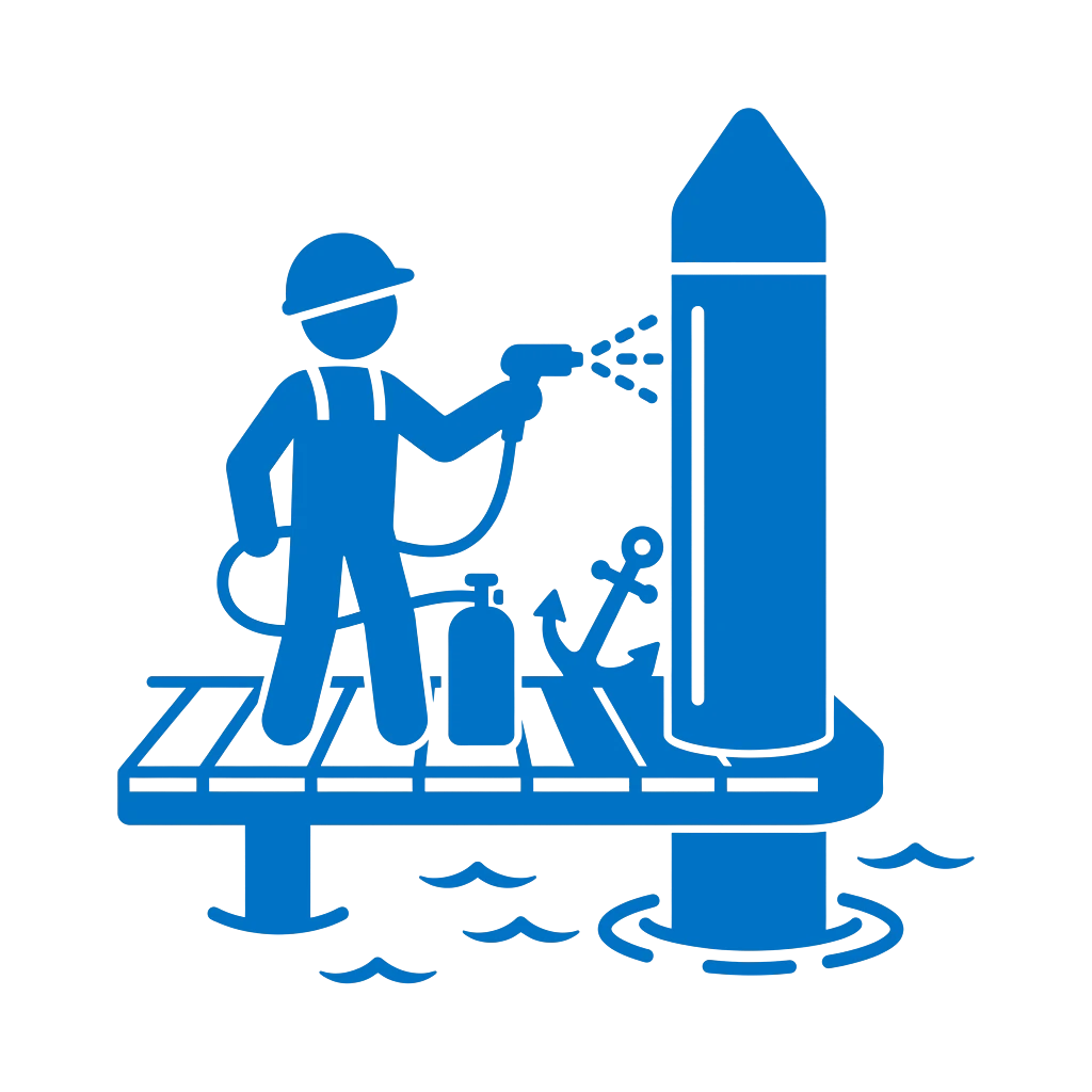 Rope access technician spraying protective coating onto a marine steel pile