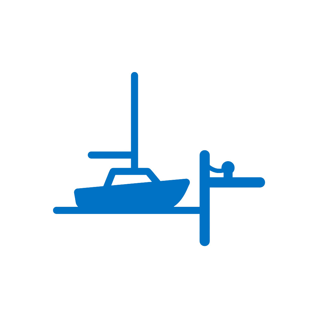 Ports and marinas icon showing a moored boat alongside a jetty and mooring post