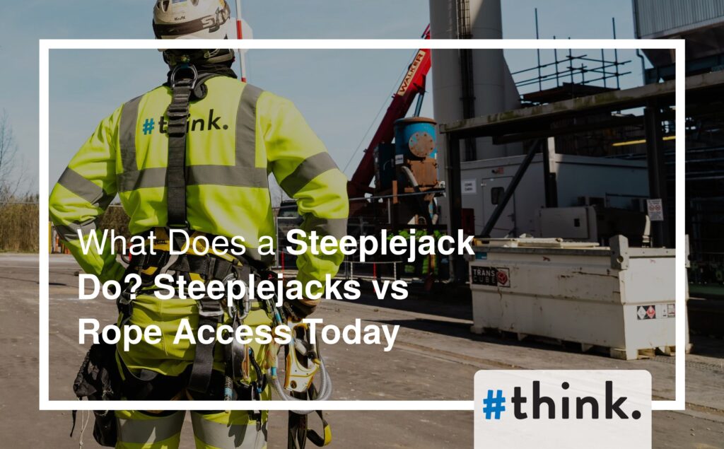 Steeplejack in harness at a work site with crane and scaffolding behind